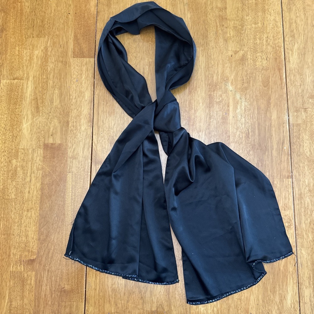 Unbranded Black Satin Rectangle Scarf Beaded Edges 13x69 Evening Silky Wrap